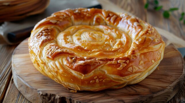 Bulgarian puff pastry pies in the form of a spiral banitsa, photos like in a restaurant