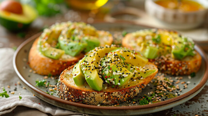 Toasts with avocado and sesame seeds on plate, closeup