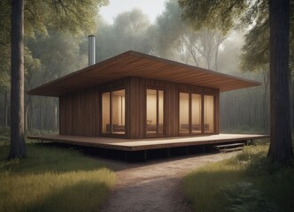 Holiday apartment - wooden cottage in forest in early spring with green grass on back yard and forest in background
