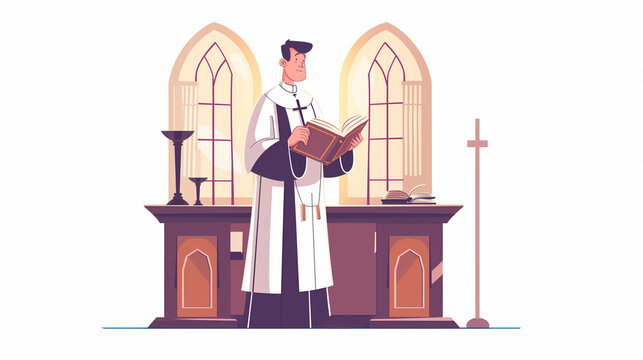 Padre  lendo a biblia na igreja - Ilustração