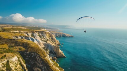 A person hang gliding over scenic coastal cliffs.