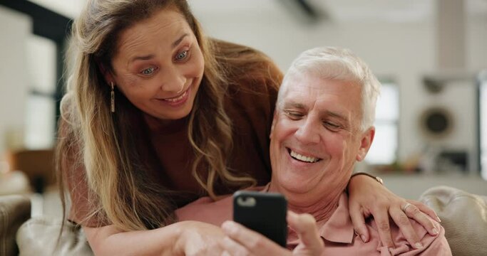 Home, old couple and smartphone with typing, help and conversation with social media and connection. Apartment, senior man and mature woman with cellphone and mobile user with internet or digital app