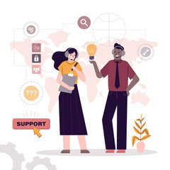 Team of operators, online technical support 24-7. male and female hotline operators advises clients. FAQ, customer support concept. Multi ethnic helpers generates ideas