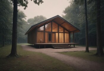 Holiday apartment - wooden cottage in forest in early spring with green grass on back yard and forest in background