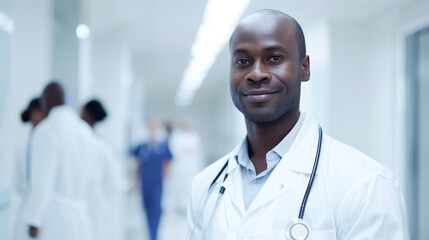 Portrait of african american male doctor standing in hospital corridor