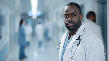 African american male doctor with stethoscope in corridor of hospital - obrazy, fototapety, plakaty