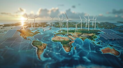 A map of the world with windmills and solar panels on it. Scene is futuristic and environmentally conscious - obrazy, fototapety, plakaty