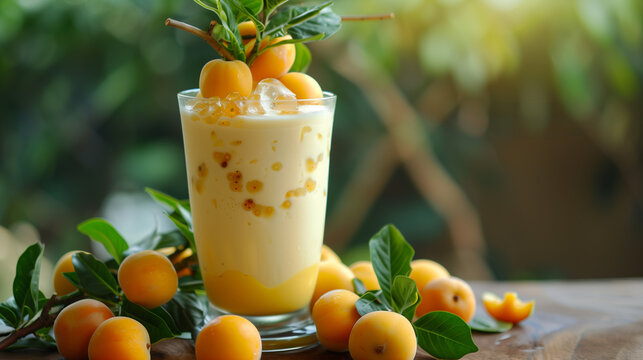 Healthy yogurt with fresh ripe yellow plums in glass on wooden table