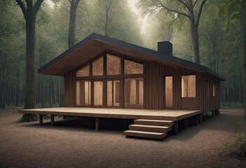 Holiday apartment - wooden cottage in forest in early spring with green grass on back yard and forest in background