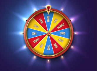 Glowing fortune wheel color realistic vector illustration. Spin gambling game with prizes. Casino roulette 3d object on blue background