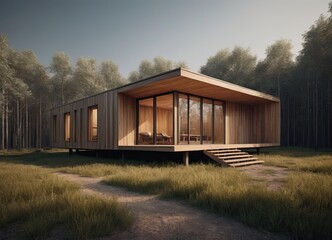 Holiday apartment - wooden cottage in forest in early spring with green grass on back yard and forest in background