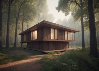 Holiday apartment - wooden cottage in forest in early spring with green grass on back yard and forest in background