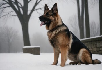 puppy breed German Shepherd walking in winter park