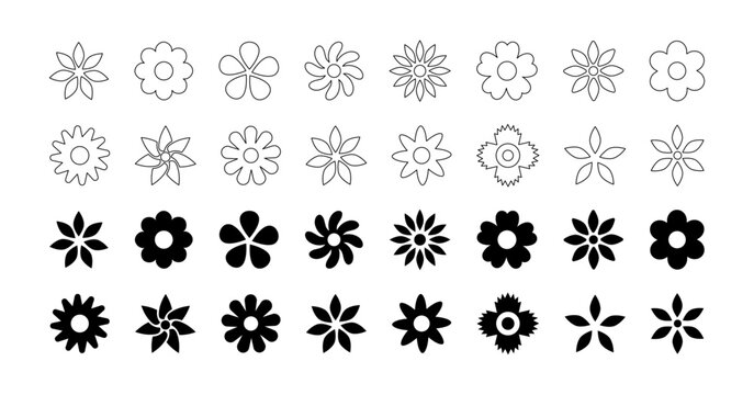 Flower icon set in outline and fill style. Flower element collection. Vector illustration.
