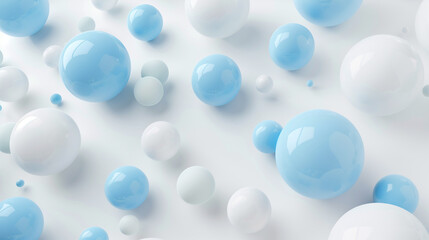 Abstract 3d rendering of chaotic white and blue spheres on white background