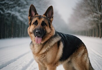 puppy breed German Shepherd walking in winter park