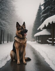 puppy breed German Shepherd walking in winter park