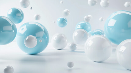 Abstract 3d rendering of white and blue spheres in white background.