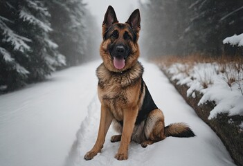 puppy breed German Shepherd walking in winter park