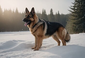 puppy breed German Shepherd walking in winter park