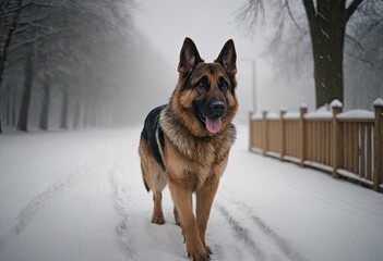 Naklejka premium puppy breed German Shepherd walking in winter park