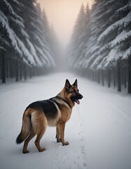 puppy breed German Shepherd walking in winter park