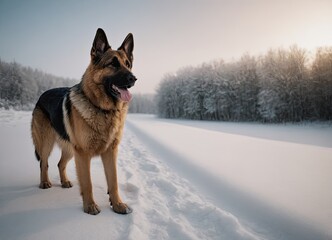 puppy breed German Shepherd walking in winter park