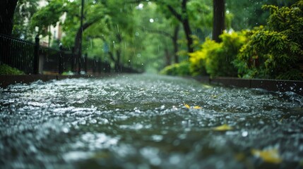 A street is covered in rain and the water is flowing down the sidewalk. The rain is coming down in a steady stream, creating a peaceful and calming atmosphere