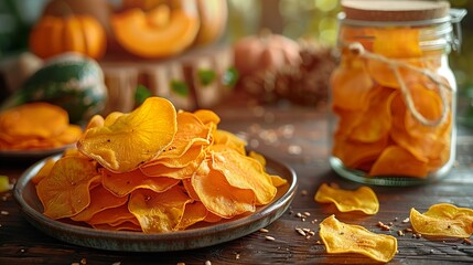 Pumpkin chips displayed alongside dried slices and sweet potato pieces in photographed plates on table