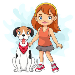 Cartoon cute girl with her dog