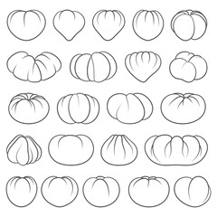 Set of black and white illustrations with tomatoes. Isolated vector objects on white background.