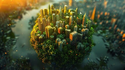 A city is shown in a round shape with a green forest surrounding it. The city is filled with tall buildings and a river runs through it. The image has a surreal and dreamlike quality to it