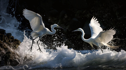 Great egret (Ardea alba) in fight for a fish - obrazy, fototapety, plakaty