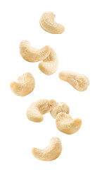 Falling cashew nut isolated on white background, full depth of field