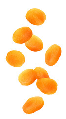 Falling Dried apricot isolated on white background, full depth of field