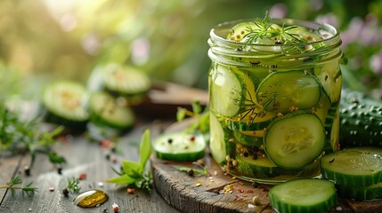 Glass jar holds pickled cucumbers, accompanied by a nearby drop of tangy vinegar - obrazy, fototapety, plakaty