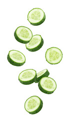 Obraz premium Falling cucumber slice isolated on white background, full depth of field
