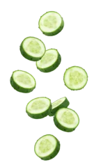 Poster Falling cucumber slice isolated on white background, full depth of field © grey