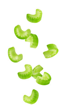 Falling celery slice isolated on white background, full depth of field