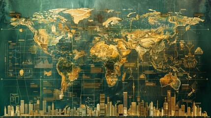 A large map of the world with a city skyline in the background. The map is gold and blue and has a lot of detail