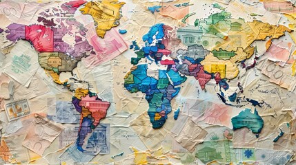 A colorful map of the world with various countries and currencies. The map is made up of different colored paper and has a unique design