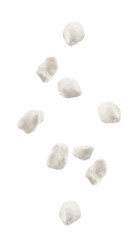 Falling Cottage Cheese, Curd, isolated on white background, full depth of field