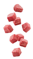 Falling meat, beef, cube, isolated on white background, full depth of field