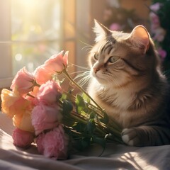A cute cat is sitting next to a bouquet of pink roses on a white table. - obrazy, fototapety, plakaty