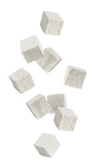Falling Feta, Greek cheese cubes, isolated on white background, full depth of field - obrazy, fototapety, plakaty