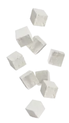 Foto auf Acrylglas Falling Feta, Greek cheese cubes, isolated on white background, full depth of field © grey