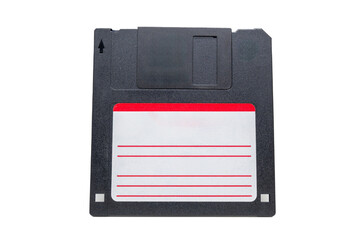 Black floppy disk drive with white red striped etiquette close up.