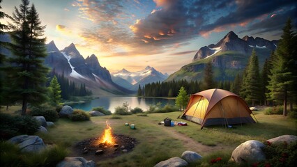 spectacular scenery with camping - obrazy, fototapety, plakaty