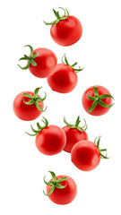 Falling tomato cherry isolated on white background, full depth of field