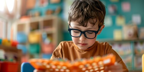 A visually impaired child wearing glasses reads braille in an inclusive kindergarten classroom on World Braille Day. Concept Inclusive Education, World Braille Day, Visually Impaired Children - obrazy, fototapety, plakaty